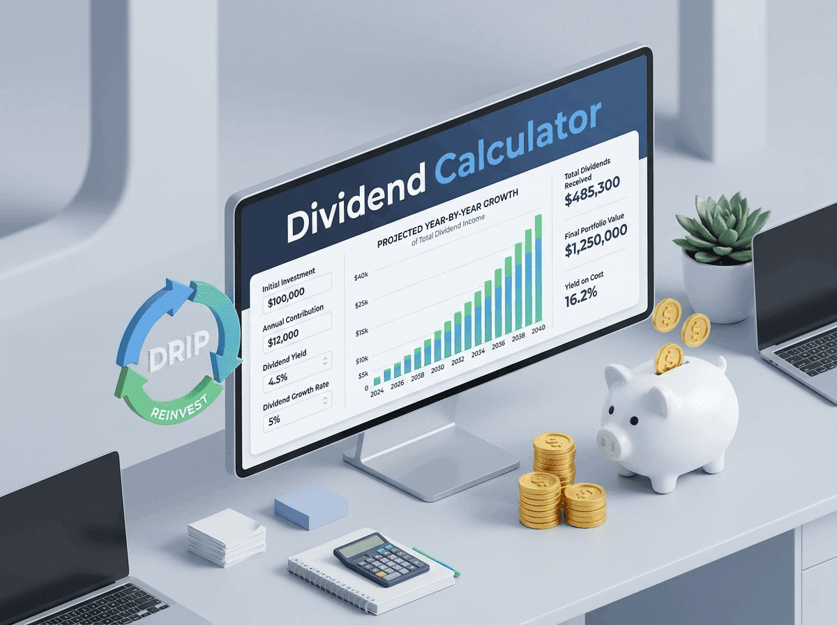 Dividend calculator displayed on a desktop monitor with DRIP reinvestment, projected dividend growth, and savings