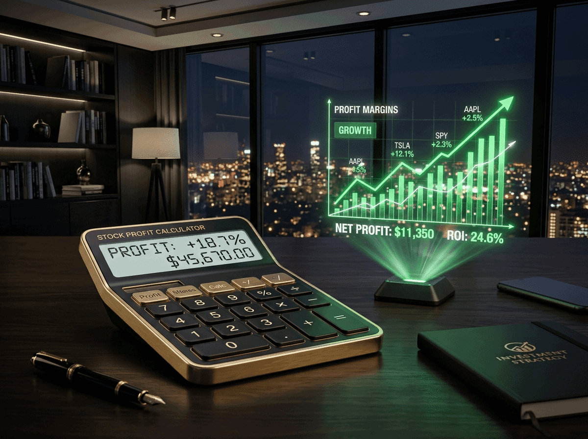 Stock profit calculator beside a projected chart of net profit and ROI