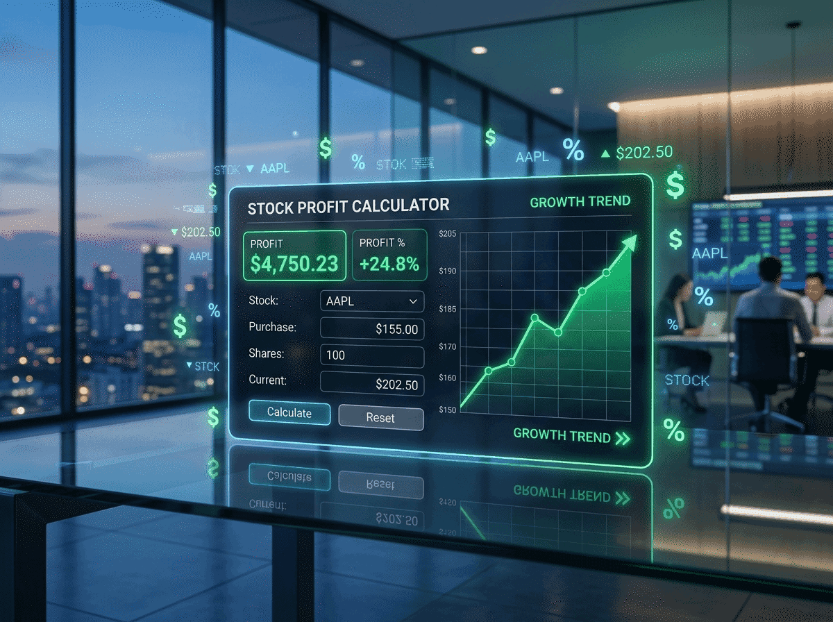 Stock profit calculator displaying profit percentage and a rising growth trend